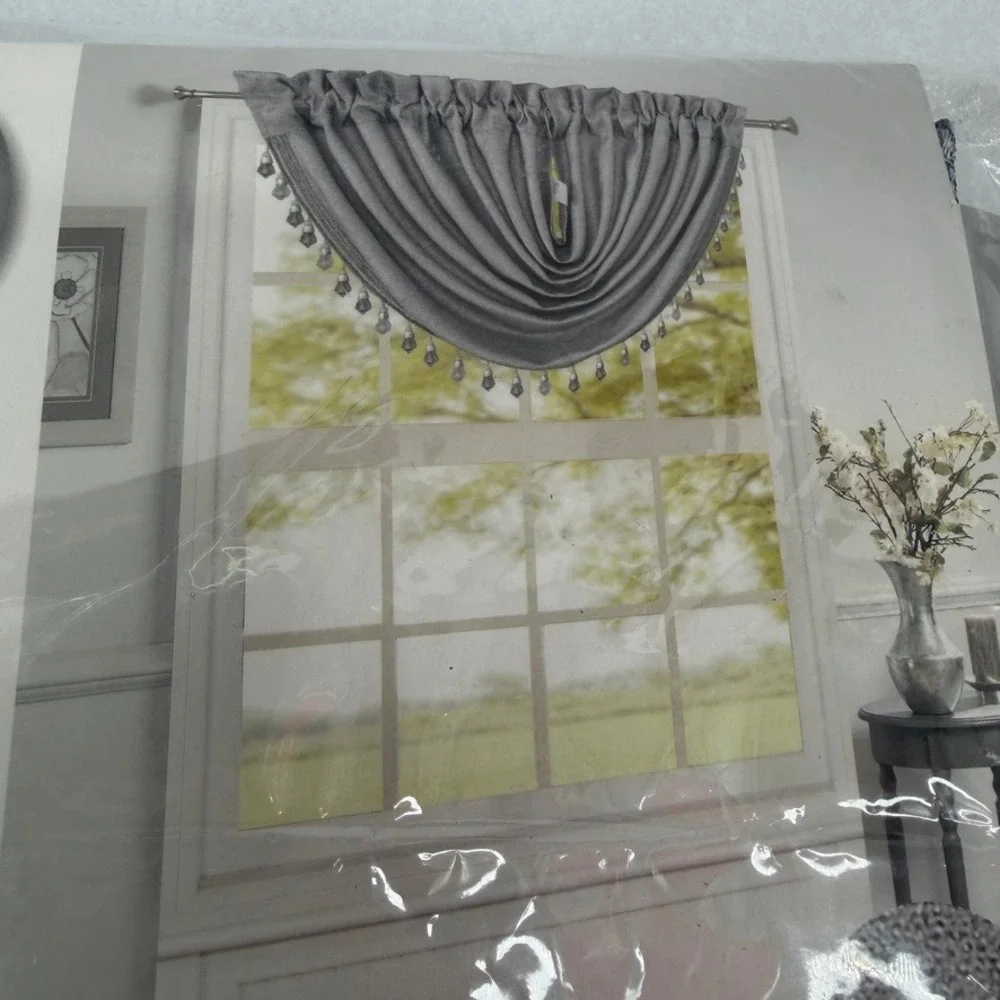 One Rod Pocket Valance Beaded Trim Jacquard Window Treatment 48x37 Dawson